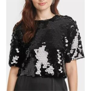 A New Day Black Sequin Top Short Sleeve Party Sparkly Blouse Medium NWT‎